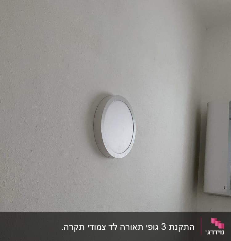 מנורה עגולה על קיר לבן ליד ארון חשמל